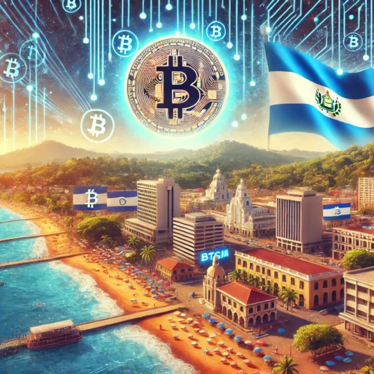 Illustration of El Salvador’s future with Bitcoin at $100,000: A vibrant cityscape portrays El Salvador’s economic transformation, incorporating Bitcoin symbols into modern architecture, infrastructure, and beaches. The image reflects technological growth with Bitcoin ATMs, foreign investment, and a thriving tourism scene under a bright sky, symbolizing prosperity. The Salvadoran flag and advanced technology elements underscore national pride and digital evolution. Perfect for articles on El Salvador's economic future, Bitcoin milestones, and crypto adoption.