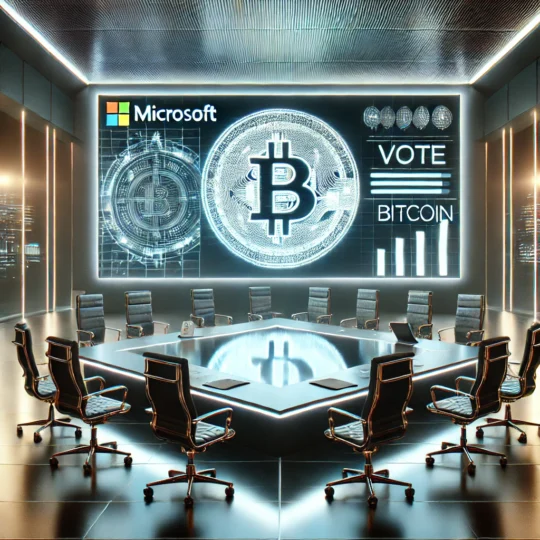 Futuristic boardroom with Microsoft logo on a screen displaying a Bitcoin symbol, symbolizing a vote on Bitcoin investment. Corporate setting with laptops and documents on the table, emphasizing the significance of the decision-making moment.