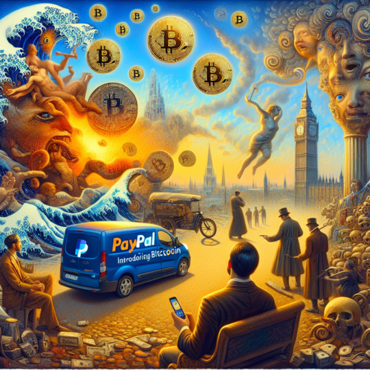 Create an image for this post: Crypto Market Goes Mainstream: PayPal\'s Integration of Bitcoin Sparks Global Adoption. Focus in Paypal