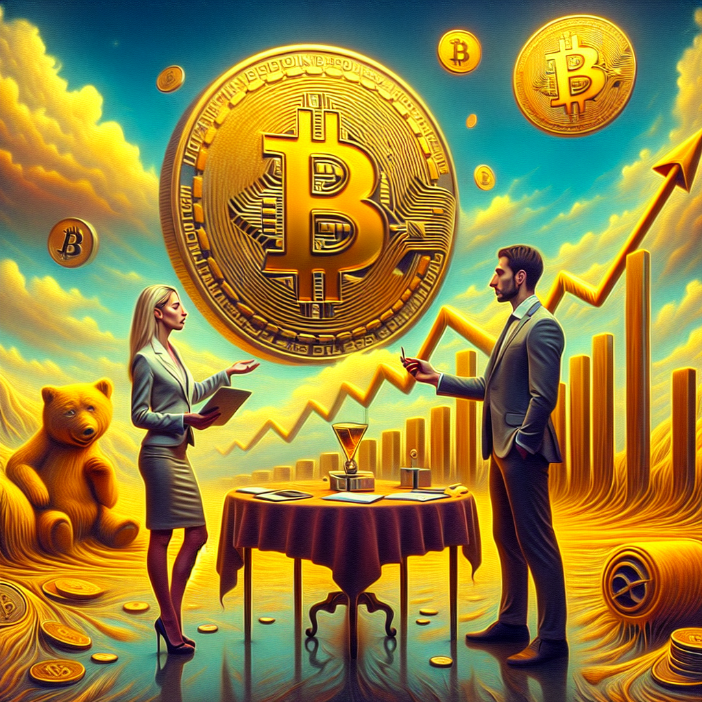 create an image to this topic: Analysts Predict Bitcoin\'s Price to Reach $100,000 by Year-End 2024. use photos of Mike Novogratz and Cathie Wood