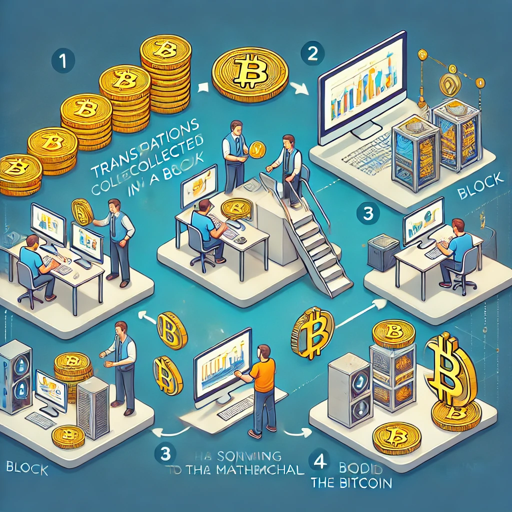 Infographic visually explaining the Bitcoin mining process with clear steps: collecting transactions in a block, solving a mathematical puzzle with a computer, adding the block to the blockchain, and receiving Bitcoin rewards. The design includes bright, readable labels and a modern style.