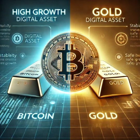 Comparison image of Bitcoin and gold as investment assets. Left side shows Bitcoin as a glowing digital coin labeled 'High Growth,' 'Digital Asset,' and 'Volatility.' Right side shows a traditional gold bar with labels 'Stability,' 'Safe Haven,' and 'Steady Growth,' with a split blue and golden background.