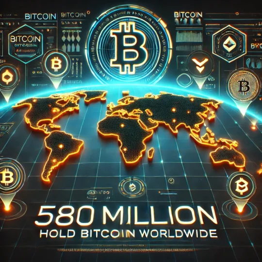 Image of a world map with glowing points symbolizing global crypto adoption. The text reads '580 Million Hold Bitcoin Worldwide' with Bitcoin and cryptocurrency symbols above.