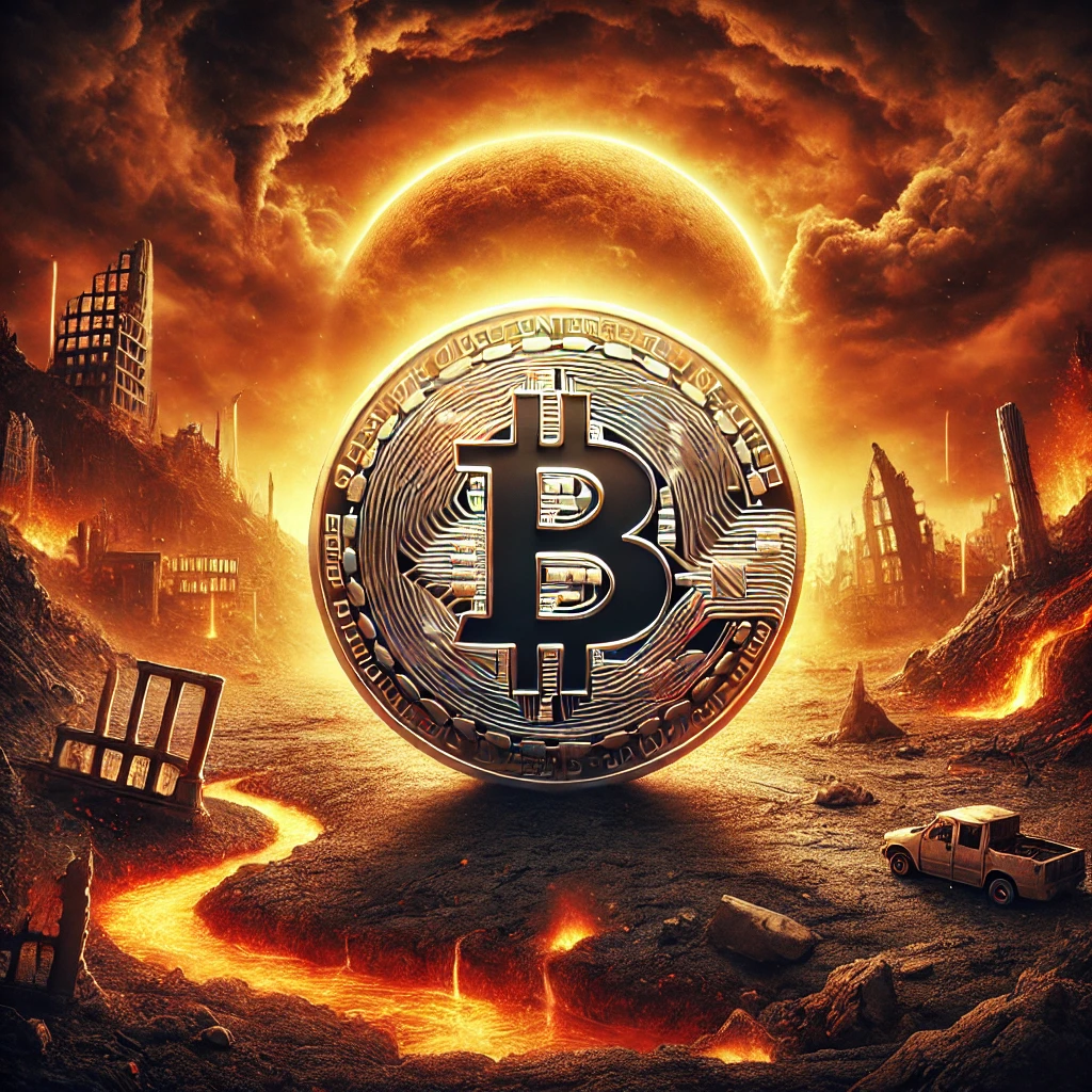 Digital illustration of a Bitcoin coin glowing faintly in a fiery, Armageddon-like scene. The background features a post-apocalyptic landscape with dark stormy skies, crumbling buildings, and flowing lava, symbolizing chaos and resilience