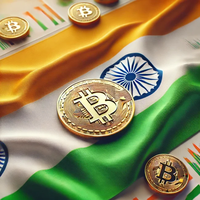 Featured image with the Indian flag prominently displayed, showcasing its saffron, white, and green stripes. A small golden Bitcoin symbol is placed subtly at the bottom, emphasizing the flag as the central focus