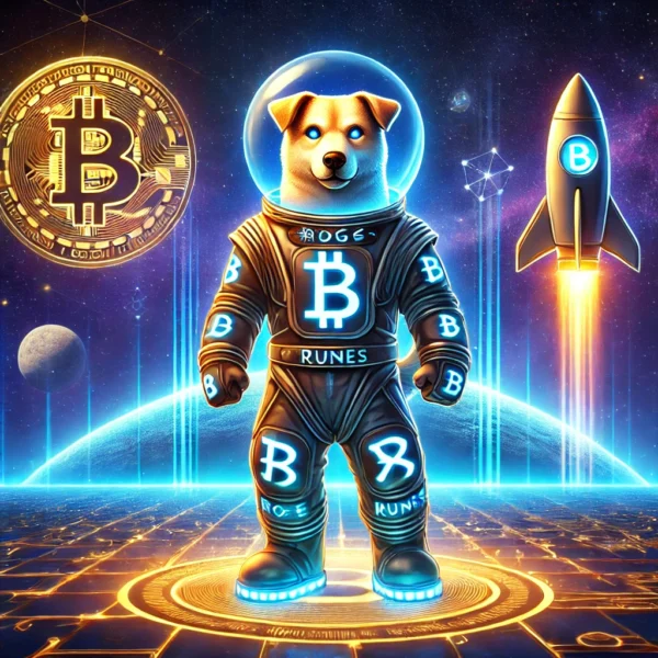 A futuristic and bold featured image for $DOG (Runes), showcasing a confident dog mascot with glowing runic symbols on its astronaut suit, standing on a blockchain-inspired platform with a cosmic background. The tagline 'DOG•GO•TO•THE•MOON' is prominently displayed.