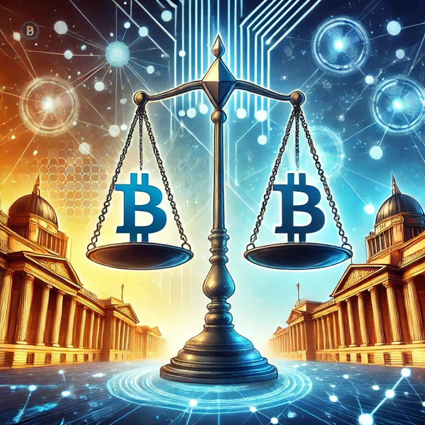 Illustration of a symbolic Bitcoin (₿) scale tipping towards innovation, with a backdrop of government buildings and digital network patterns, representing the balance between regulation and cryptocurrency progress