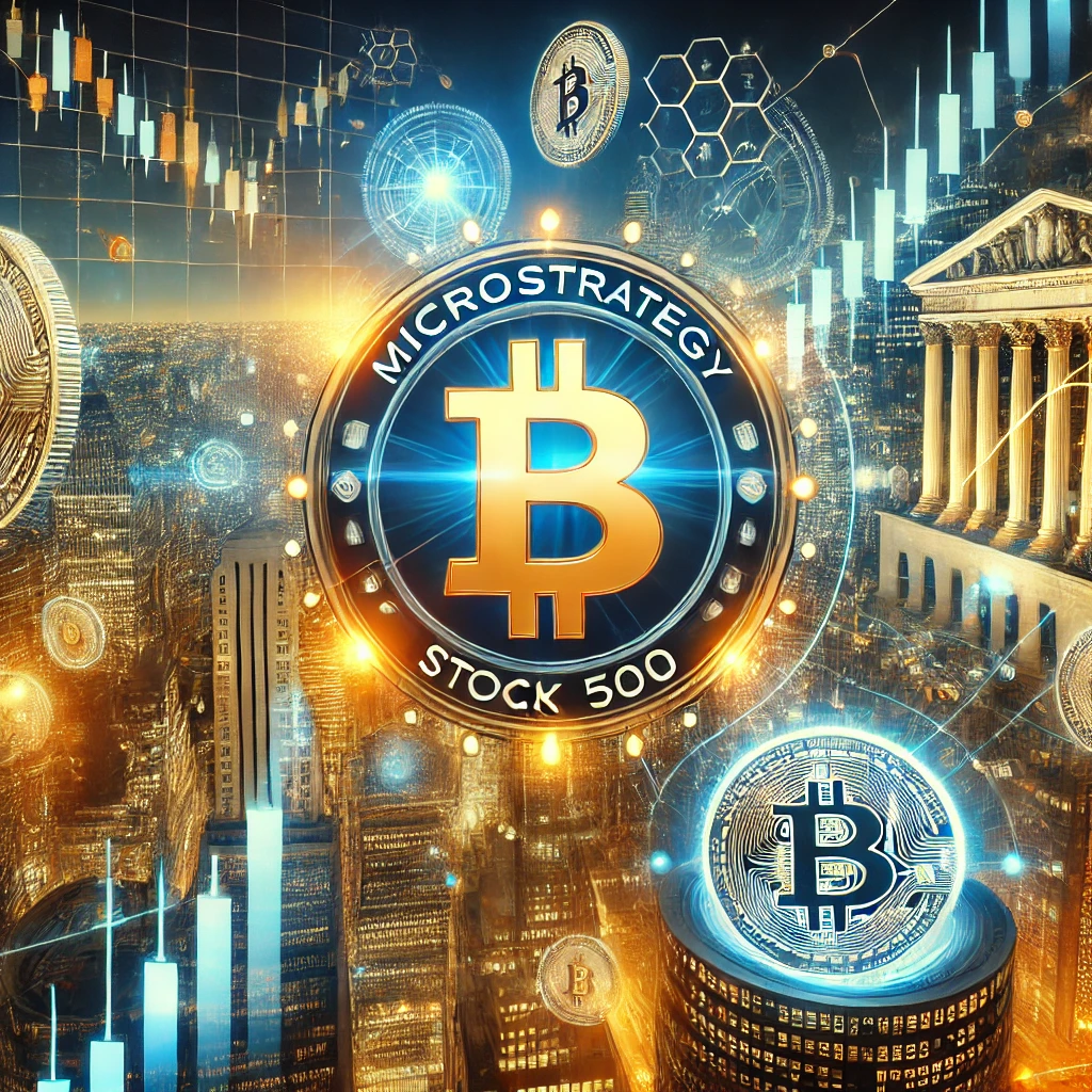 Futuristic concept image showcasing MicroStrategy's potential inclusion in the S&P 500, featuring the S&P 500 logo on a stock market board with glowing Bitcoin coins orbiting around it, connected by financial data streams and a bustling cityscape in the background.