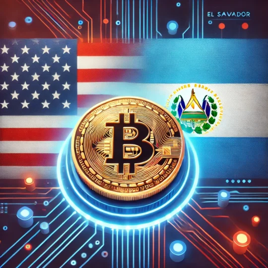 Illustration of a potential financial collaboration between the United States and El Salvador with a focus on Bitcoin. The U.S. and El Salvador flags are displayed in the background, while a digital Bitcoin symbol is prominently placed in the center, symbolizing cryptocurrency innovation and international cooperation.