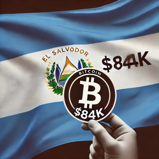 This image features the flag of El Salvador as the background, symbolizing the nation's connection to Bitcoin. Centered boldly in the foreground is "$84K," representing Bitcoin's significant price milestone and highlighting the impact on El Salvador's Bitcoin holdings. The design is clean and modern, focusing solely on the national flag and the impressive price figure to underscore El Salvador's financial gains from its Bitcoin investment.