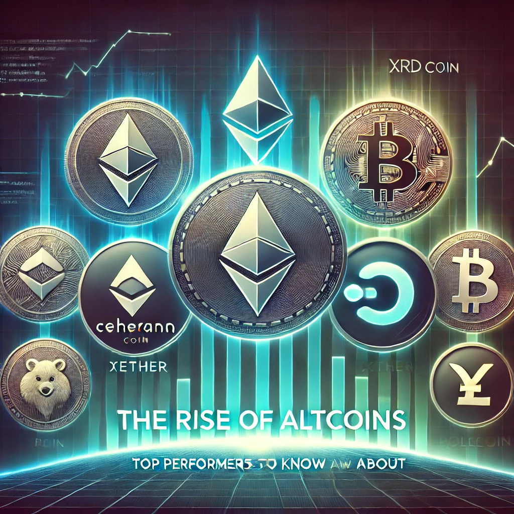 Feature image for 'The Rise of Altcoins: Top Performers You Need to Know About,' featuring logos of the top 10 altcoins: Ethereum, Binance Coin, Tether, Cardano, XRP, USD Coin, Dogecoin, Solana, Polkadot, and Litecoin. The design includes glowing financial graphs, blockchain elements, and a blue-green gradient background