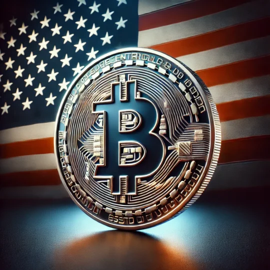 Conceptual image of Bitcoin as a U.S. national reserve asset, with a large Bitcoin symbol and subtle American flag in the background, symbolizing financial transformation.