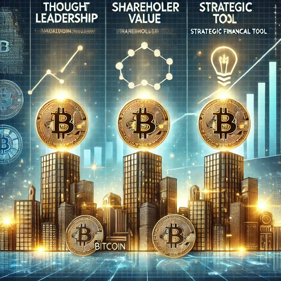 Illustration representing MicroStrategy's three key pillars of their Bitcoin strategy: Thought Leadership, Shareholder Value, and Strategic Financial Tool. Features futuristic pillars made of Bitcoin coins with a digital skyline, glowing graphs, and blockchain elements in the background.