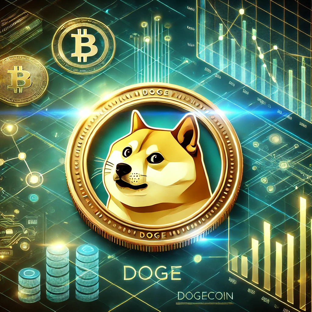 Illustration of a golden Dogecoin with a Shiba Inu dog logo, surrounded by digital blockchain elements and graphs, set in a futuristic glowing blue and green environment.