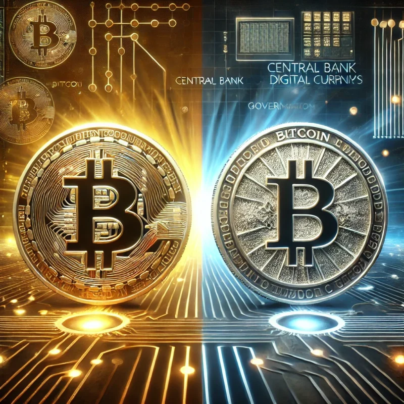 Digital artwork contrasting Bitcoin and CBDCs. On the left, Bitcoin is depicted as a glowing golden coin with the Bitcoin symbol, surrounded by decentralized blockchain nodes in a futuristic setting. On the right, CBDCs are represented by a sleek, silver coin with a government emblem, set against a backdrop of centralized financial systems and digital data streams