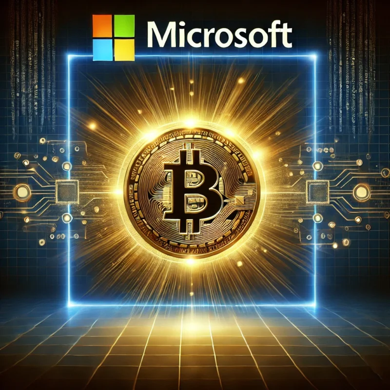 Digital illustration featuring a glowing golden Bitcoin coin at the center, symbolizing Michael Saylor's Bitcoin advocacy, surrounded by futuristic digital networks and abstract elements inspired by Microsoft's innovation. The background features a gradient of deep blue and black, highlighting the theme of cryptocurrency and corporate technology integration.