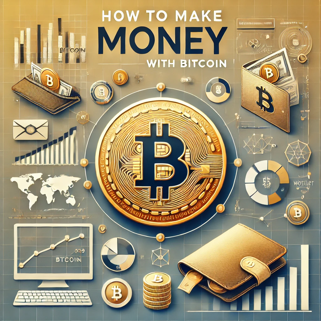 Golden Bitcoin coin surrounded by financial and technological elements, including charts, graphs, a wallet, and digital network lines, with the title 'How to Make Money with Bitcoin' subtly integrated in sleek typography