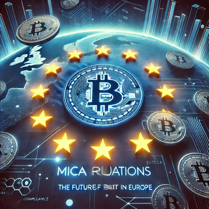 Featured image for the article 'MiCA Regulations: The Future of Bitcoin in Europe,' showcasing a blend of the European Union flag with Bitcoin symbols on a futuristic digital background, representing regulation and cryptocurrency.