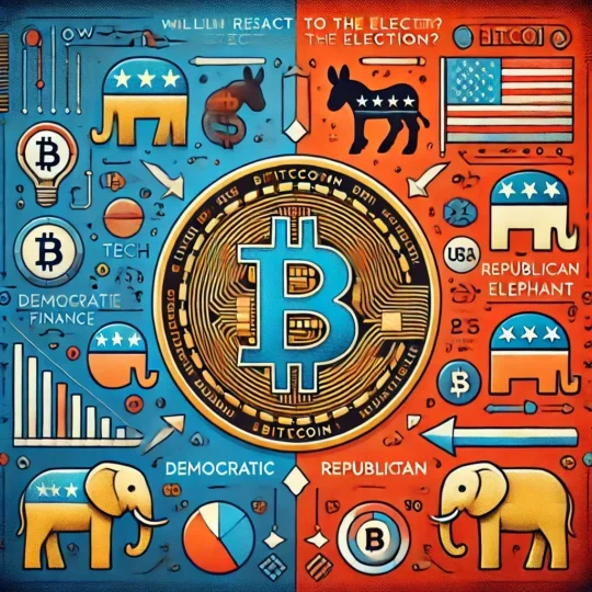 Bitcoin positioned in the center with contrasting blue and red backgrounds symbolizing the Democratic and Republican parties, featuring symbols for tech, finance, and political icons of the USA