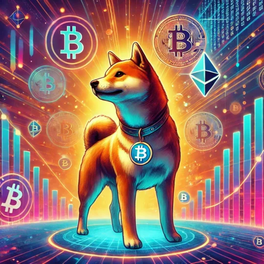 Illustration of a Shiba Inu dog representing the $DOG (Dog Runes) cryptocurrency, with a futuristic blockchain-themed background, highlighting community-driven elements and Bitcoin blockchain layers.