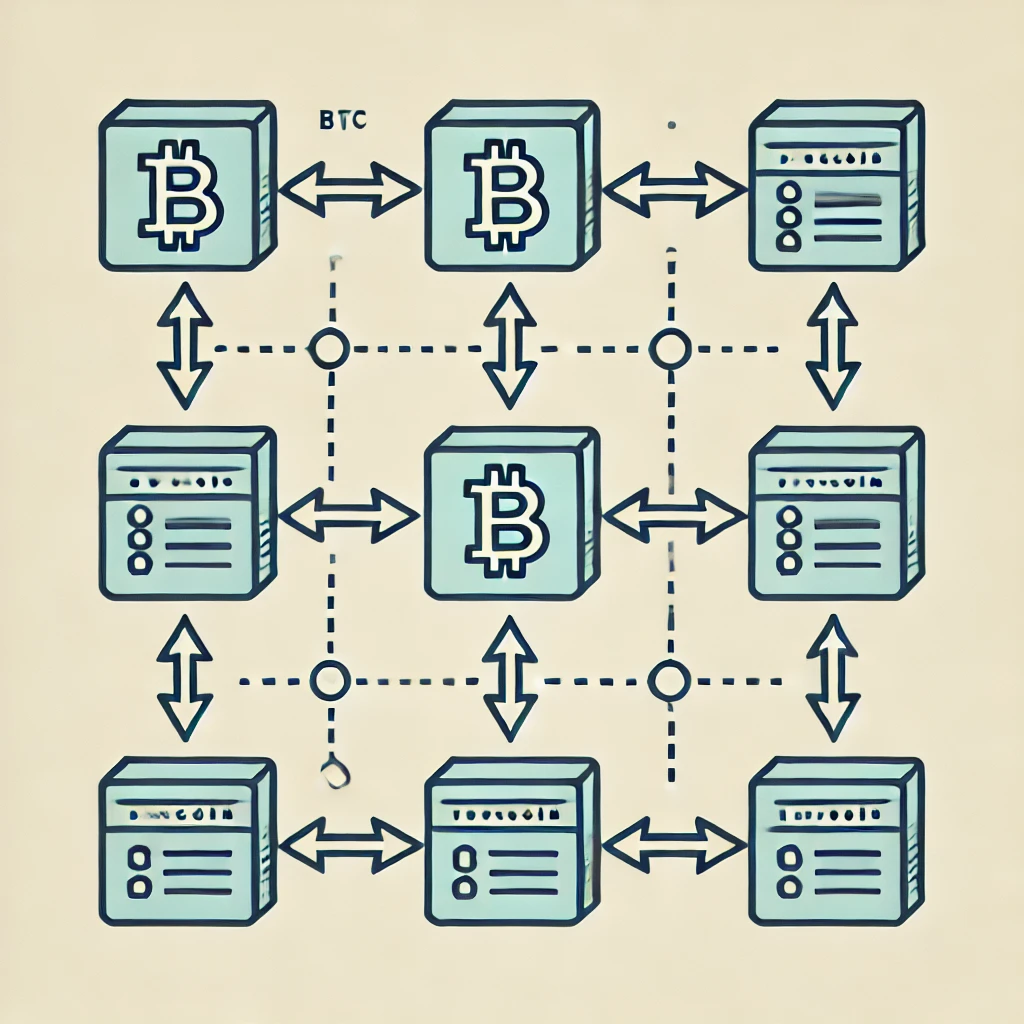 An educational illustration explaining blockchain technology in a similar style to a simplified Bitcoin transaction. The image should show blocks conn