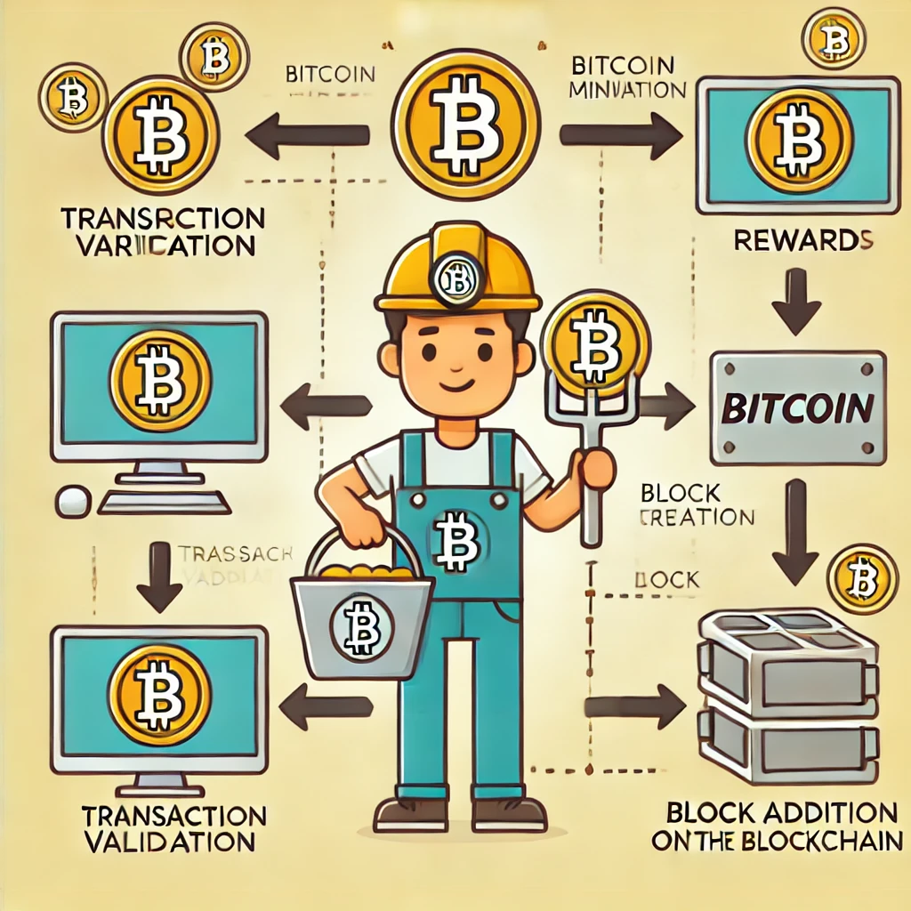 An educational illustration explaining the Bitcoin mining process. The image should show a miner with a computer, Bitcoin symbols representing rewards