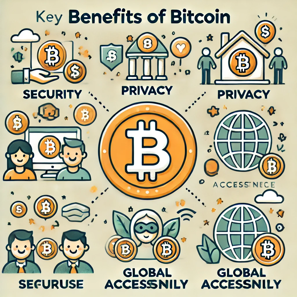 An educational illustration showing the key benefits of using Bitcoin. The image should include icons and symbols representing benefits like security