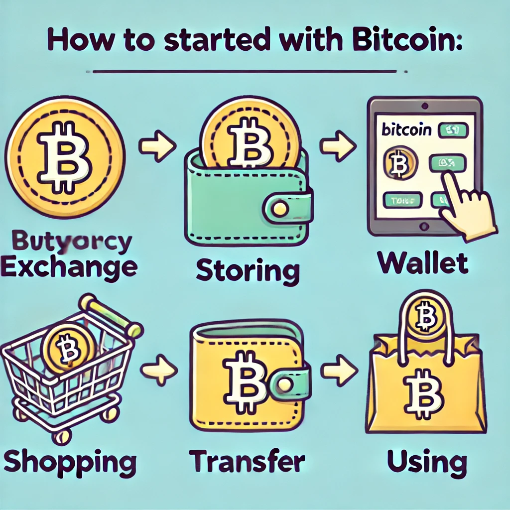 An educational illustration showing the steps for getting started with Bitcoin_ buying, storing, and using it. The image should include icons for a cr.