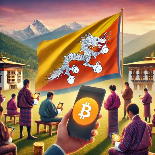 An image illustrating Bitcoin's impact on financial inclusion in Bhutan, featuring Bhutanese individuals in traditional attire holding devices with the Bitcoin logo, set against a serene mountainous landscape and the national flag. This visual represents the empowerment of unbanked and underprivileged communities through digital financial access, blending Bhutan's cultural heritage with the promise of cryptocurrency technology.