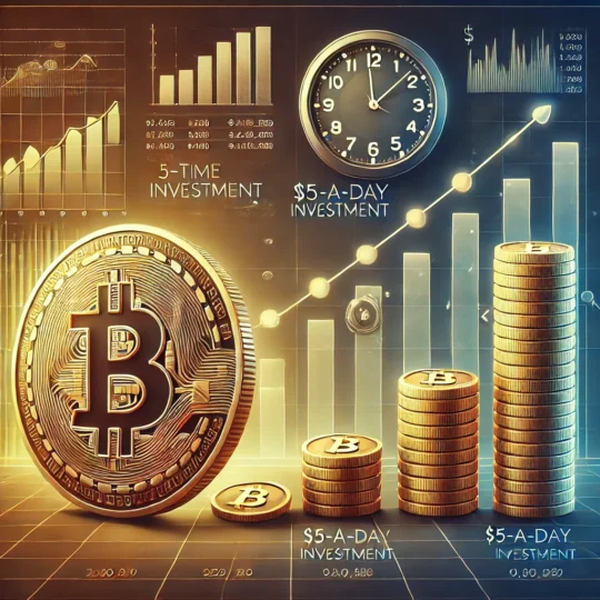 Comparison of one-time Bitcoin purchase vs. $5-a-day investment strategy with financial charts and clock in the background.