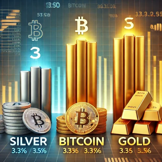 bar graph comparing the market capitalizations of three assets in order: Silver, Bitcoin, and Gold. The bars represent each asset’s relative market value, with Silver as the smallest, Bitcoin slightly higher, and Gold as the tallest bar, highlighting their differences in value.