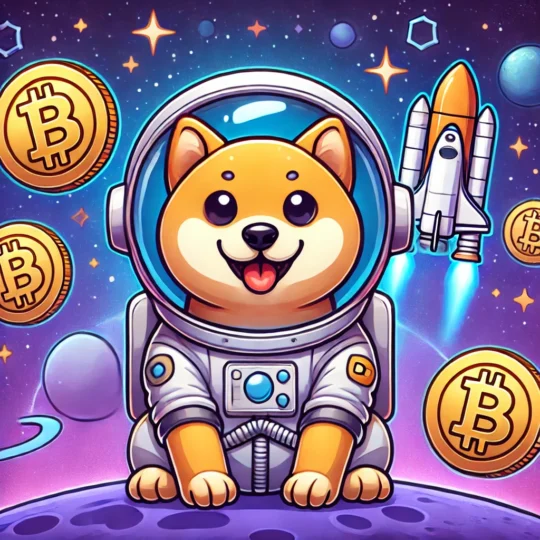 dog in a space helmet with Bitcoin symbols and a cosmic background, representing DOG Token's moonshot potential