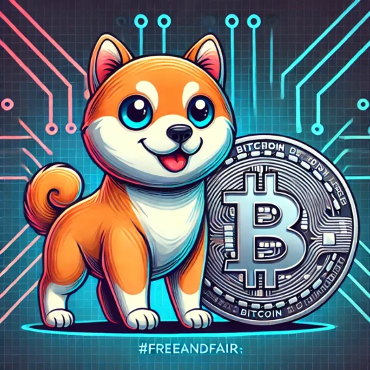 Illustration of $DOG cryptocurrency mascot with Bitcoin, highlighting #FreeAndFair principles of transparency and growth in the crypto community