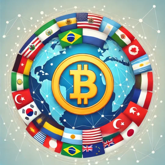 Image of global Bitcoin adoption, featuring flags from El Salvador, Panama, Ukraine, Paraguay, Brazil, Argentina, Nigeria, Switzerland, Japan, and Singapore arranged around a central Bitcoin symbol.