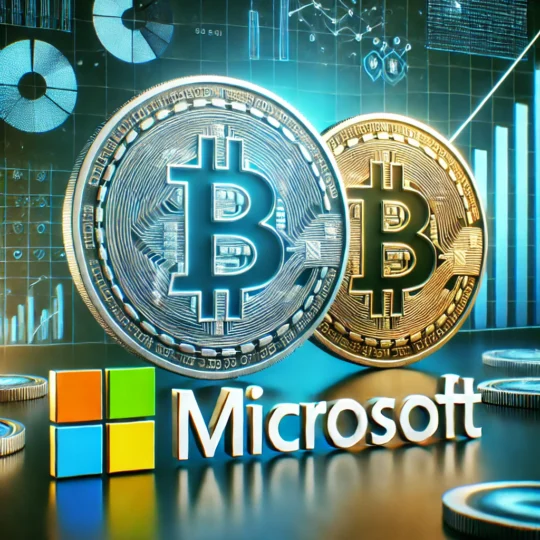 A professional image depicting Microsoft's potential Bitcoin investment, featuring Microsoft's logo alongside the Bitcoin symbol. Background elements include subtle charts and graphs symbolizing financial growth and analysis, with a blue and green color scheme that reflects a tech-corporate aesthetic.