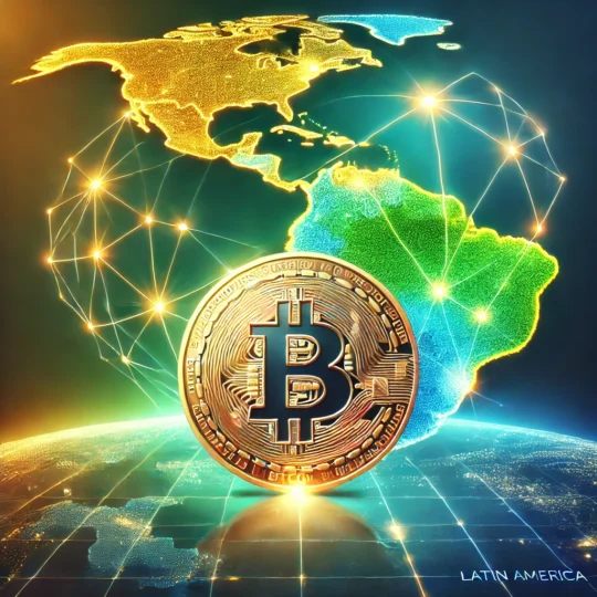 Illustration of a Bitcoin coin with a map of Latin America connected by digital network lines, representing cryptocurrency adoption in the region