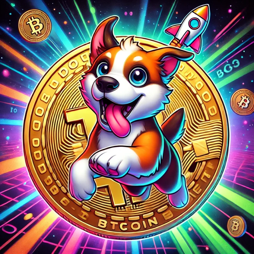 Playful digital artwork featuring a Bitcoin coin surrounded by a cheerful, cartoon-style dog inspired by the $DOG (Dog Go to the Moon Rune) token. The dog has a friendly and mischievous expression, with a vibrant space-themed background incorporating glowing blockchain elements, symbolizing the 'to the moon' concept