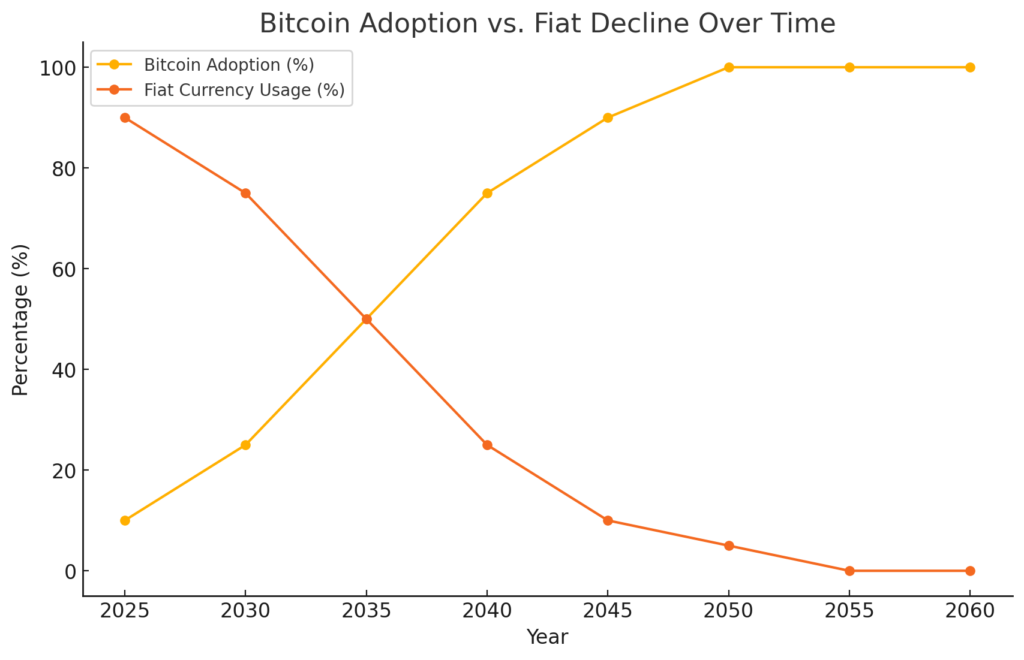 This graph illustrates the steady global adoption of Bitcoin, marked by the simultaneous decline of fiat currencies over the decades.