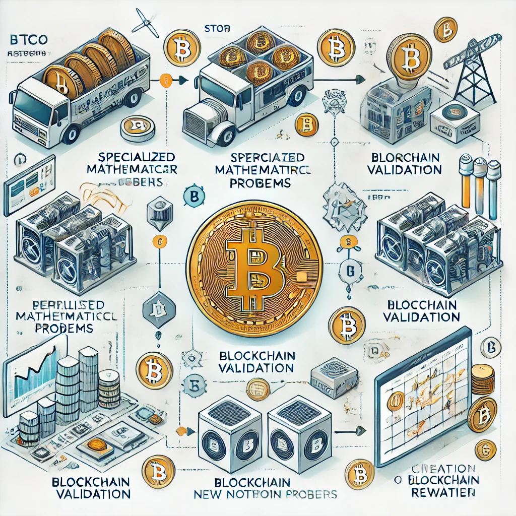 Infographic-style image illustrating the Bitcoin mining process. It visually represents the step-by-step flow, making it educational and clear for understanding the mining concept. Let me know if you'd like additional tweaks or explanations!