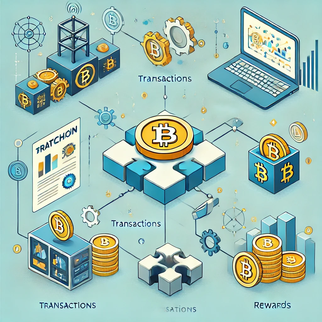 The visual asset created aligns with the "How Does Bitcoin Mining Work?" section. It visually represents the process of miners solving puzzles, adding transactions to the blockchain, and receiving Bitcoin rewards.