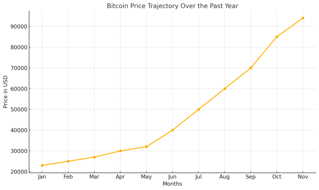 A line graph showing Bitcoin's price trajectory over the past year, with prices starting at $23,000 in January and steadily rising to $94,000 in November. The x-axis represents months, and the y-axis represents the price in USD