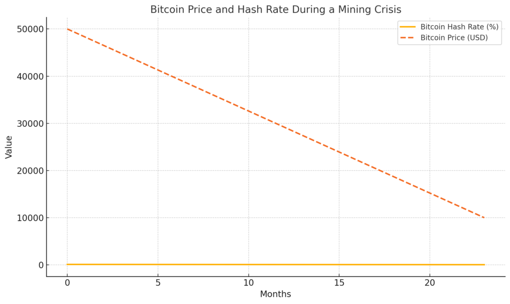 Line graph illustrating the relationship between Bitcoin's hash rate and price during a mining crisis over 24 months. Both hash rate and price show a steady decline over the period.