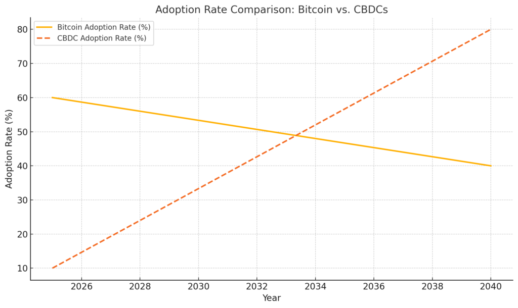 Line graph comparing adoption rates of Bitcoin and CBDCs from 2025 to 2040. Bitcoin's adoption rate declines steadily, while CBDC adoption shows a rapid increase over the same period