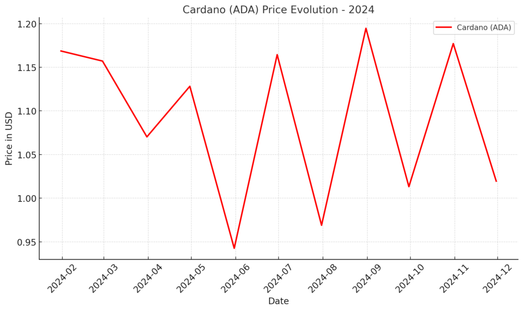 he graph showing the price evolution of Cardano (ADA) in 2024. The data illustrates its trend from January to November 2024, with notable fluctuations.