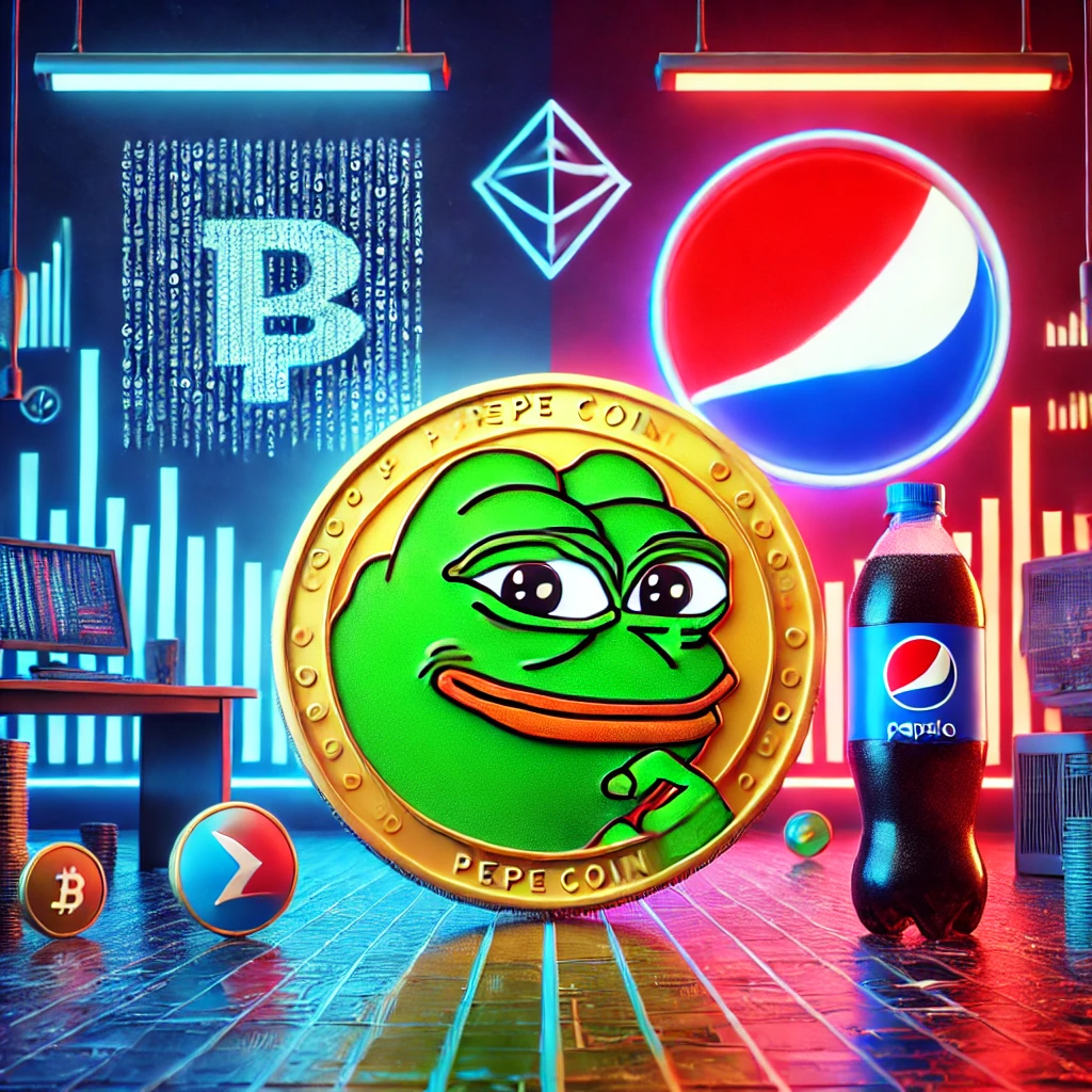 Creative feature image contrasting PEPE Coin and PepsiCo, featuring the green frog logo of PEPE Coin on a neon blockchain background and the PepsiCo globe logo on a sleek stock market-themed background.