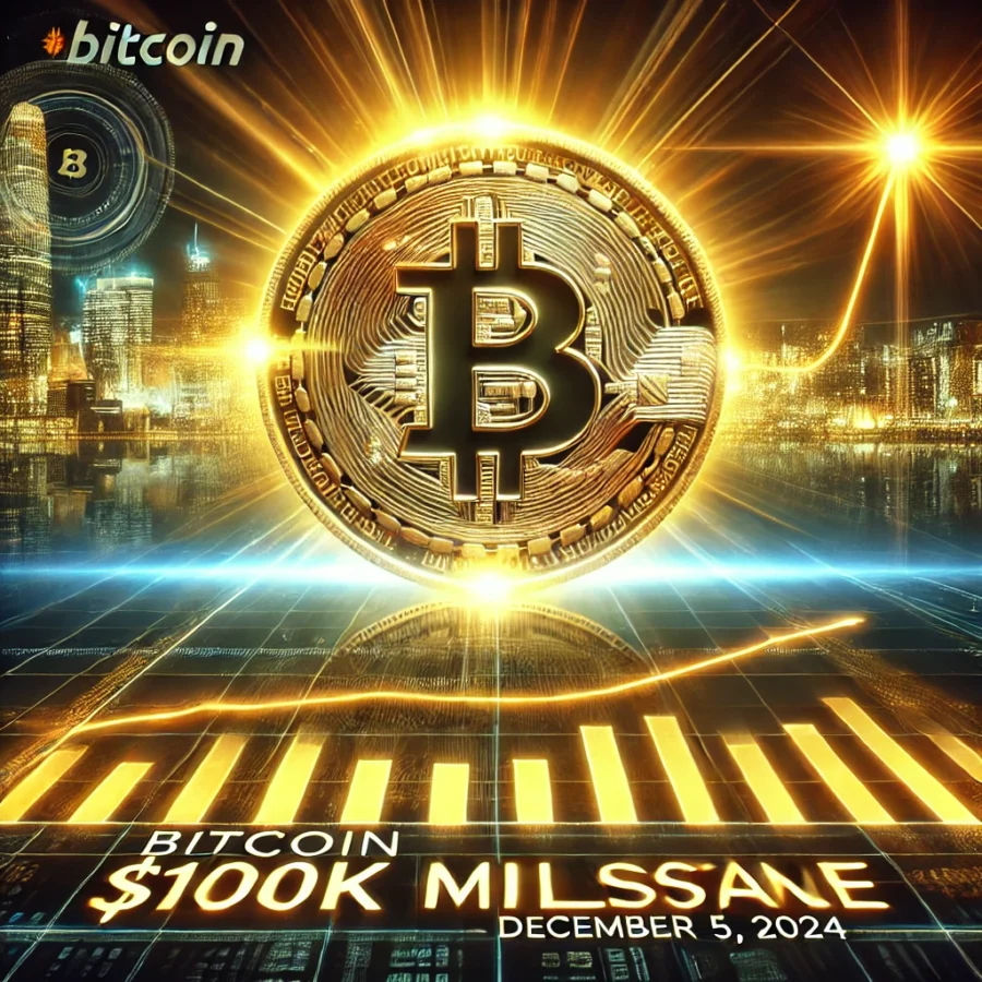 A digital artwork celebrating Bitcoin's milestone of surpassing $100,000 on December 5, 2024. The image features a glowing golden Bitcoin coin at the center, surrounded by a futuristic financial graph and a vibrant digital cityscape, symbolizing innovation and progress