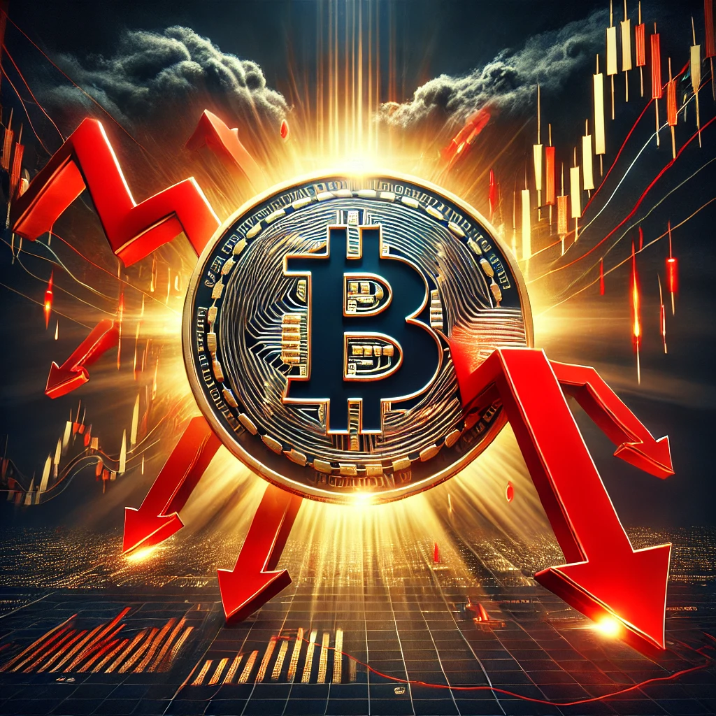 A featured image showing a dramatic Bitcoin symbol surrounded by red downward arrows, representing a price drop. The background features a dark financial theme with candlestick charts, highlighting market volatility