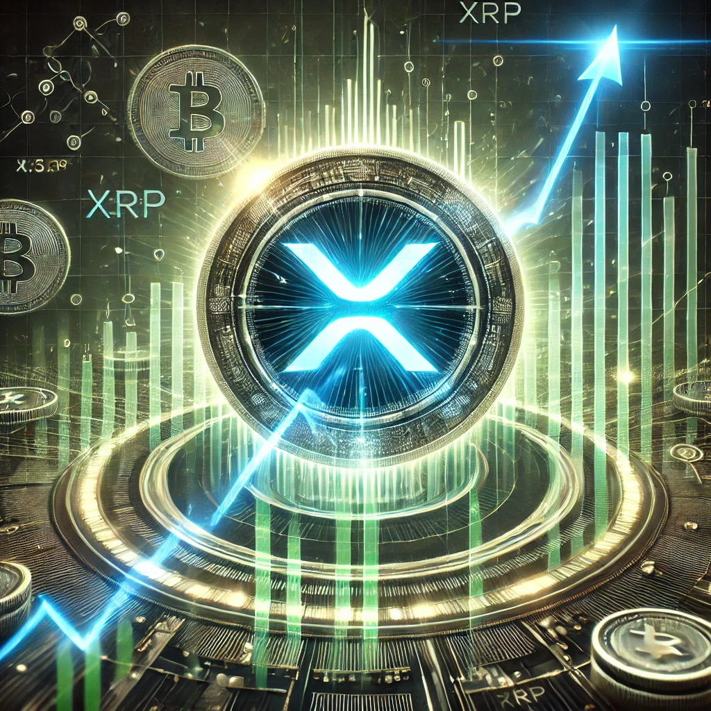 XRP logo with a glowing financial chart showing a dramatic upward trend, symbolizing its market surge and growth in global finance, with blockchain-inspired patterns in the background.