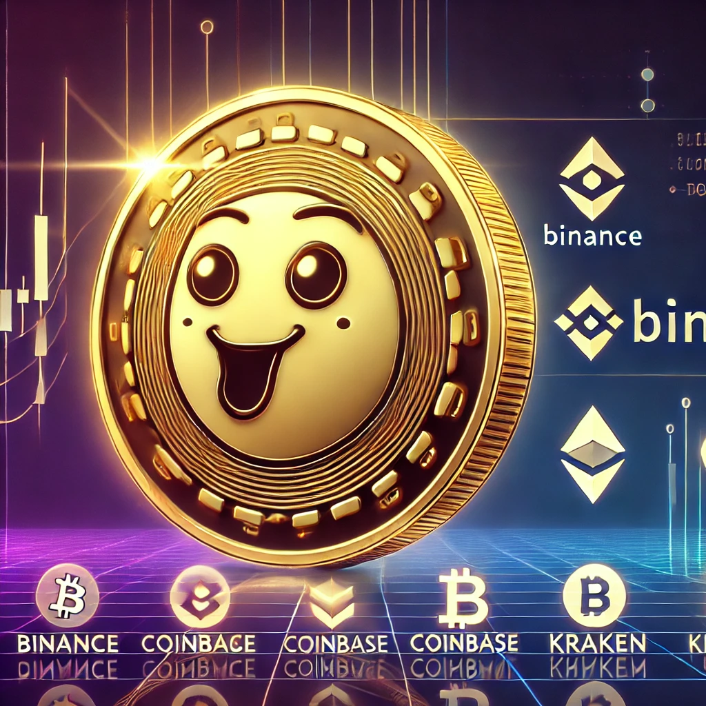 A sleek featured image for a cryptocurrency blog, showcasing a shiny gold meme coin against a gradient background transitioning from dark blue to purple, with glowing icons representing major cryptocurrency exchanges.