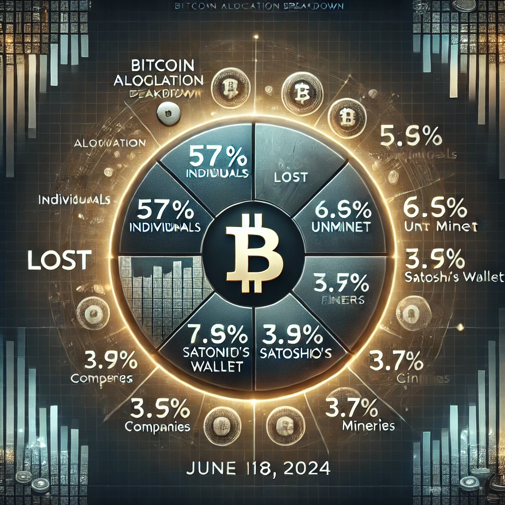 A visually striking featured image displaying a Bitcoin allocation pie chart. The chart segments illustrate Bitcoin's distribution: 57% held by individuals, 17.6% lost, 6.6% unmined, 5.2% in Satoshi Nakamoto's wallet, 3.9% held by ETFs, 3.6% by companies, 3.4% by miners, and 2.7% by governments. The background features a digital theme with blockchain patterns and glowing Bitcoin symbols, emphasizing the cryptocurrency theme